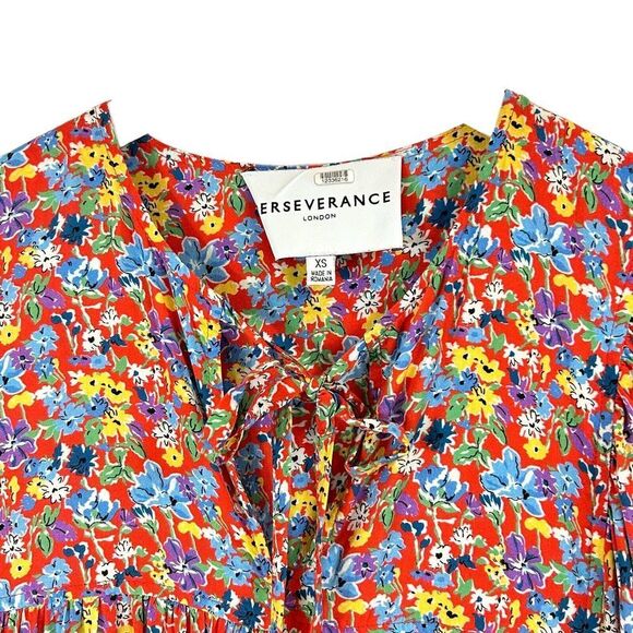 Perseverance London Dress Womens Small Red Floral Boho Cottage Core Tie Gathered - Picture 6 of 13